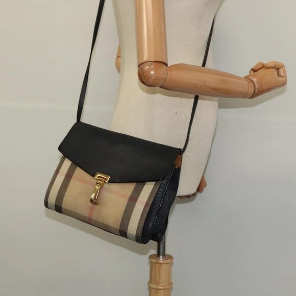 BURBERRY Nova Check Shoulder Bag Canvas Leather Beige Gold Auth - Picture 1 of 16